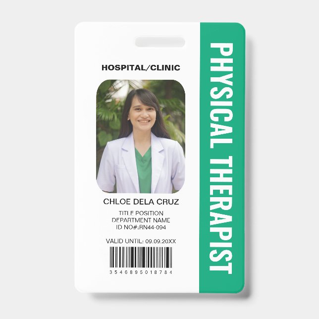 Crachá ID Verde de Terapeuta Físico da Equipe Médica (Frente)