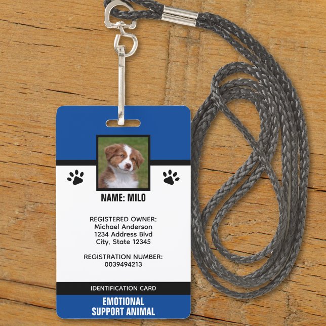 Crachá Identificação de Animal de Suporte Emocional Azul  (blue black and white emotional support service animal id badge)
