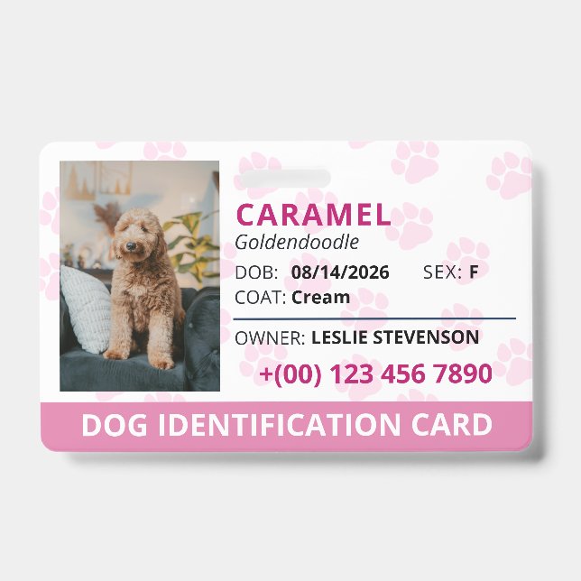 Crachá Identificação de Cachorro com Nome e Foto de Pegad (Frente)