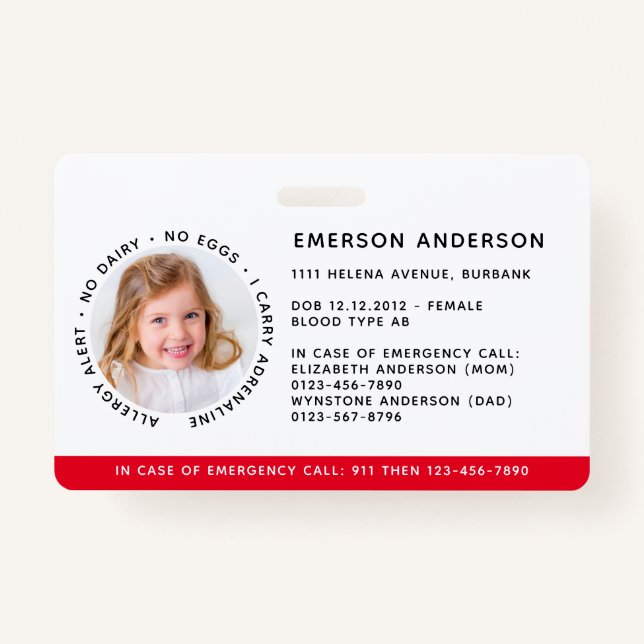 Crachá Identificação de Crianças Alergia ID de Emergência (Frente)