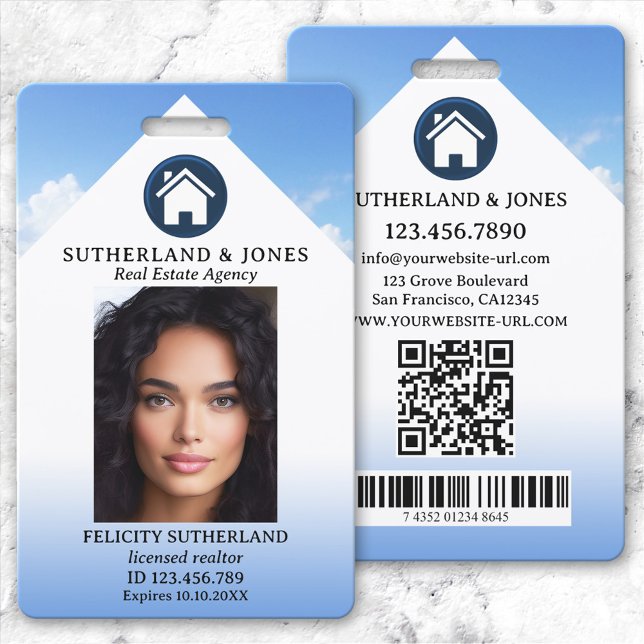 Crachá Identificação de Foto de Agente Imobiliário Azul B (Professional photo ID badge featuring your custom photo and logo on an elegant blue white design)