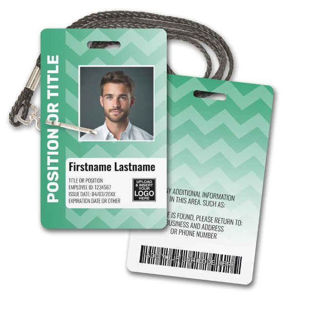 Crachá Identificação de Funcionário com Foto - código de  (Plastic ID Badge - Customize with Employee Photo and Credentials. Green Chevron Pattern Accents)