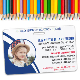 Crachá Identificação de Segurança Infantil Personalizada