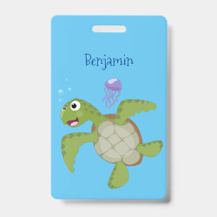 Crachá Ilustração animada feliz da tartaruga verde-branca
