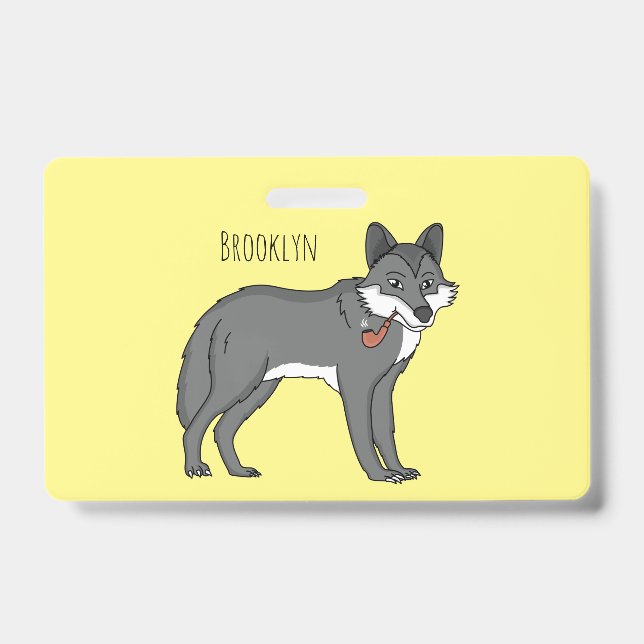 Crachá Ilustração de desenho animado de lobo cinzento com (Frente)