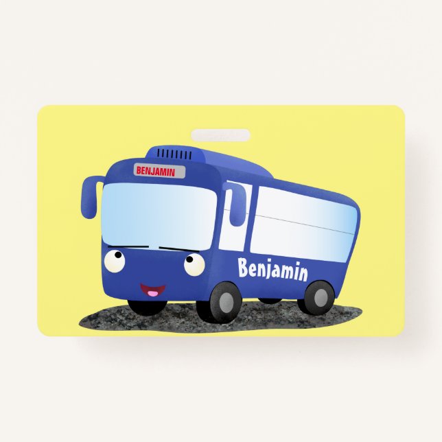 Crachá Ilustração de desenho animado de ônibus moderno az (Frente)