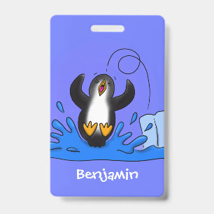 Crachá Ilustração de desenho animado de pinguim pulando f
