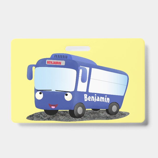 Crachá Ilustração de desenho animado de um ônibus azul mo (Frente)