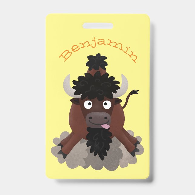 Crachá Ilustração de desenho animado engraçado de bisão b (Frente)