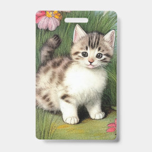 Crachá Ilustração de Gato Antigo com Flores Vermelhas