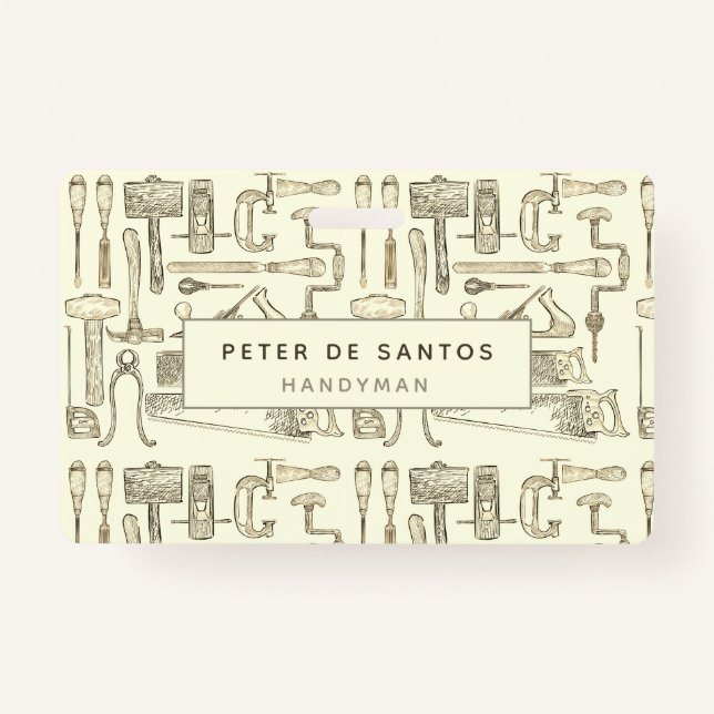 Crachá Ilustrações de Ferramentas de Vintagem para Carpin (Frente)