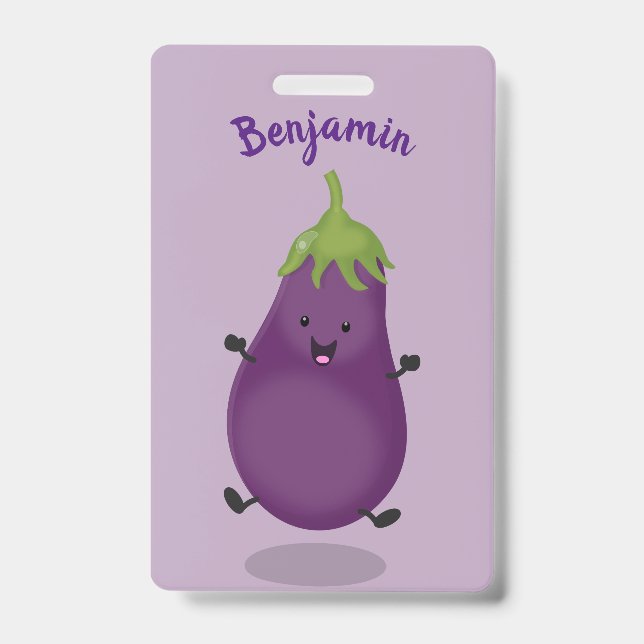Crachá Imagem de desenho animado de beringela doce e feli (Frente)