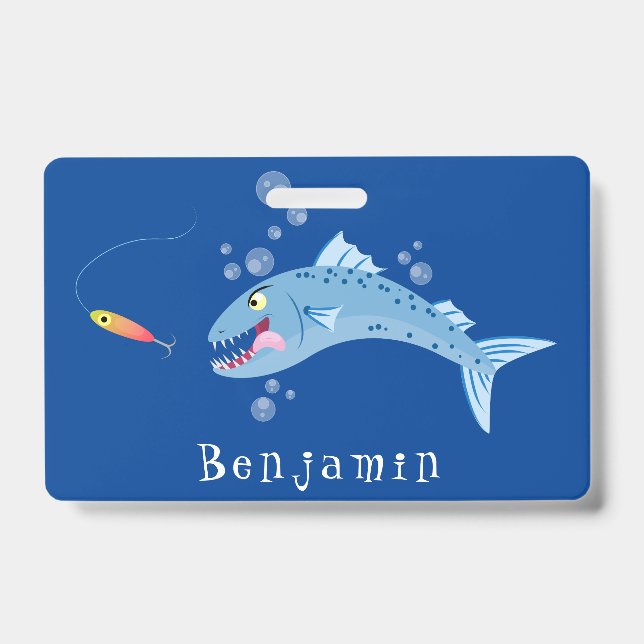 Crachá Imagem de desenho animado de pesca com fome de pei (Frente)