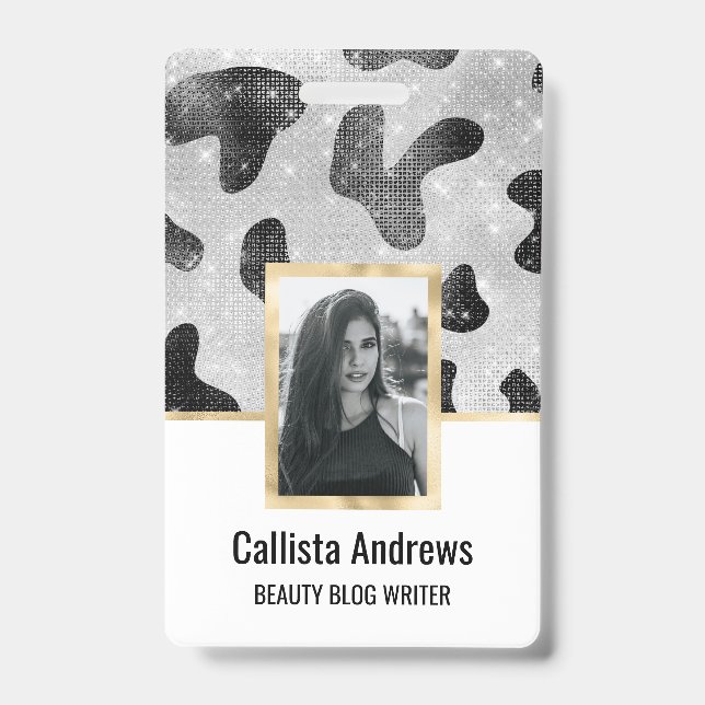 Crachá Impressão de Vaca Preta Glamorosa Negra Glitter Se (Frente)