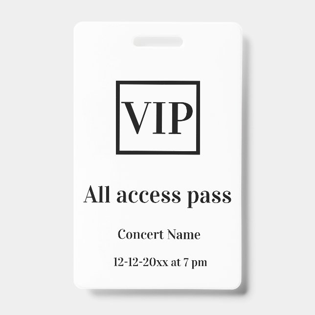 Crachá ingresso de acesso total vip simples nome do show  (Frente)