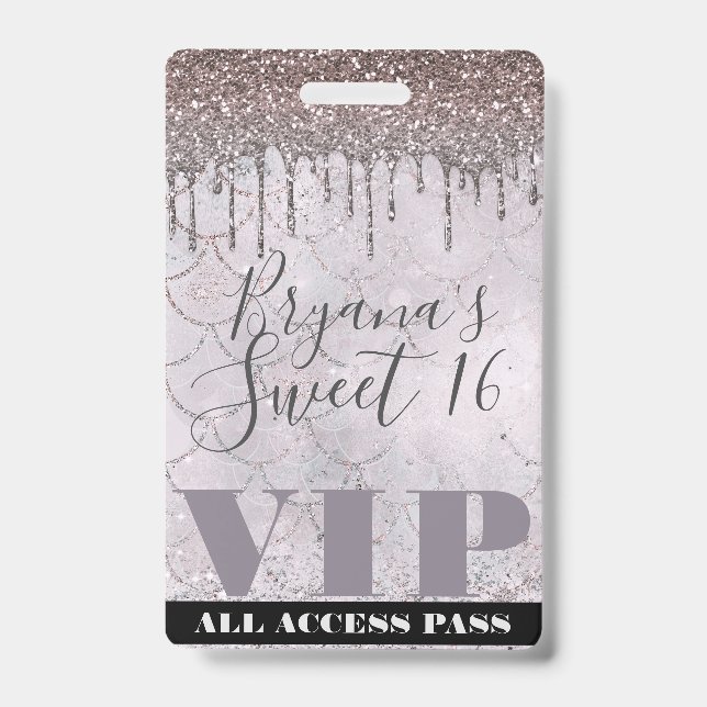 Crachá Ingresso VIP Icy Pink Glitter Drip Mermaid Sweet 1 (Frente)