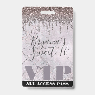 Crachá Ingresso VIP Sweet 16 Pink Glitter Drip Mermaid