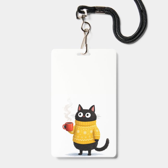 Crachá insígnia de gato e café (Frente com cordão)