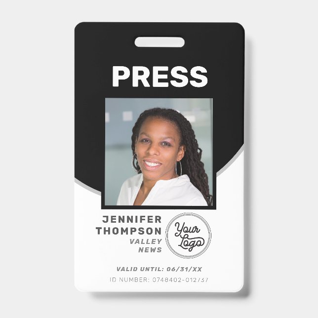 Crachá Jornalista Press Pass Black and White Photo ID (Front)