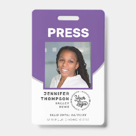 Crachá Jornalista Press Pass Purple e White Photo ID
