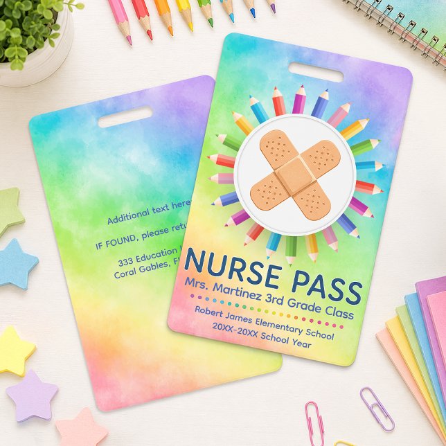 Crachá Lápis Arco-Íris Passe de Enfermeira Personalizado  (Classroom Nurse Pass)