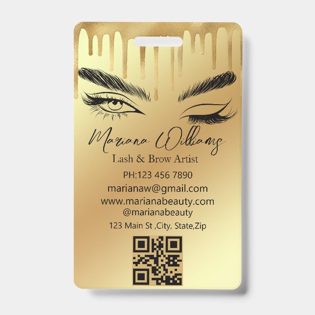 Crachá lash & brow artista qr code gold driblando negócio (Front)