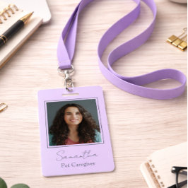 Crachá Lavender Script Business Logo Photo Pet Caregiver 