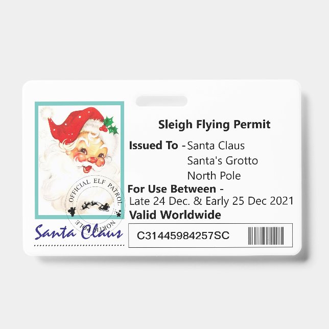 Crachá Licença de Condução do Papai Noel Para Crianças (Frente)