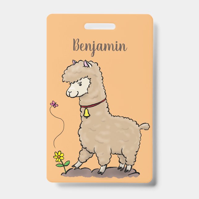Crachá Lindo alpaca feliz com desenho de borboleta (Frente)