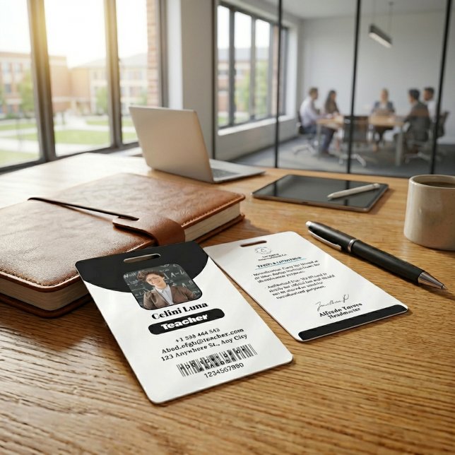 Crachá Linhas e classe limpas: ID de professor preto mini (Minimalist Black Teacher Photo ID Badge with Simple White Typography)