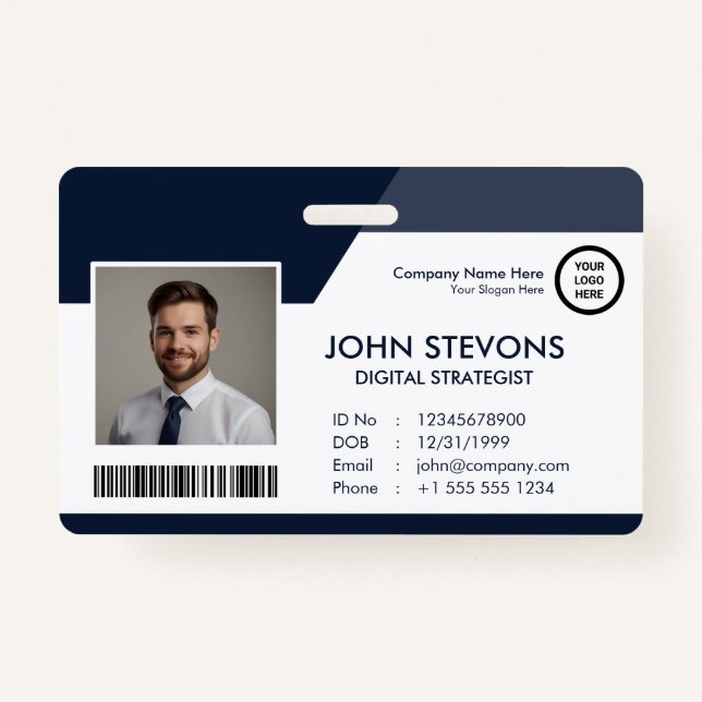 Crachá Logotipo comercial Nome do funcionário Marinho Cód (Frente)