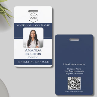 Crachá Logotipo da Foto do Funcionário Código QR Azul Mar