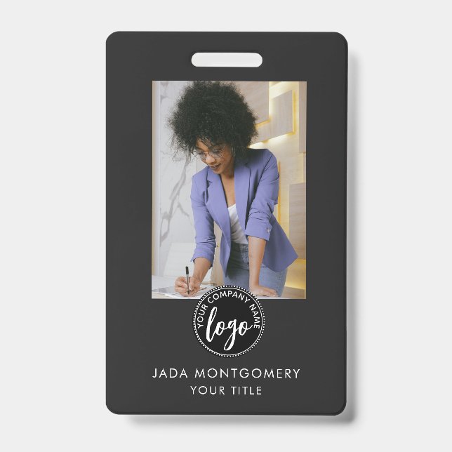 Crachá Logotipo de Foto Moderno Preto ID (Frente)