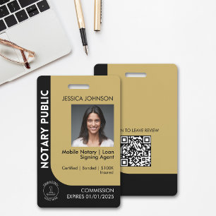 Crachá Logotipo de Notário Preto e Dourado Mínimo Foto QR