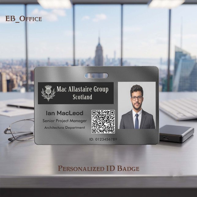Crachá Logotipo de Retângulo Personalizado em Prata Metál (Metallic Silver Custom Wide Logo Placeholder Photo ID Badge Template. Size 2.13 x 3.38 Inches)
