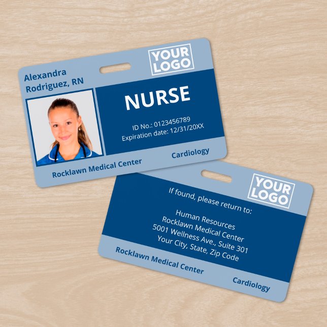 Crachá Logotipo Fotográfico personalizado ID do funcionár (Custom Photo Logo Blue Medical Employee ID Badge, front/back)