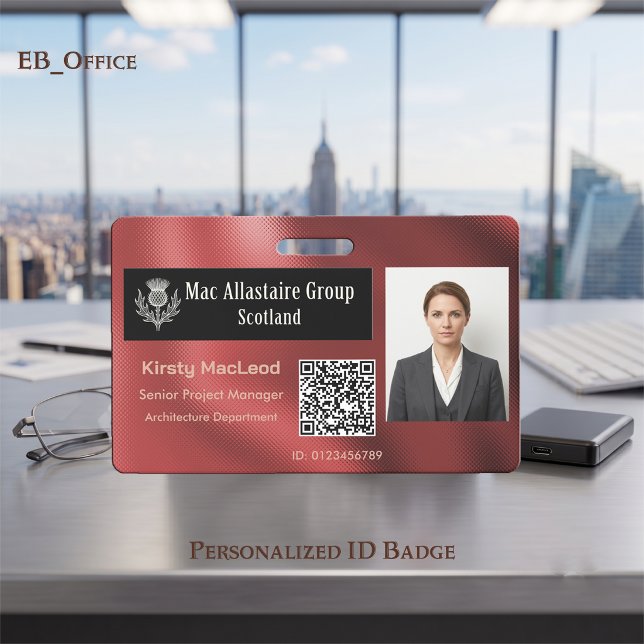 Crachá Logotipo Retangular Personalizado em Foto ID Metál (Red Custom Wide Logo Placeholder Photo ID Badge Template. Size 2.13 x 3.38 Inches)
