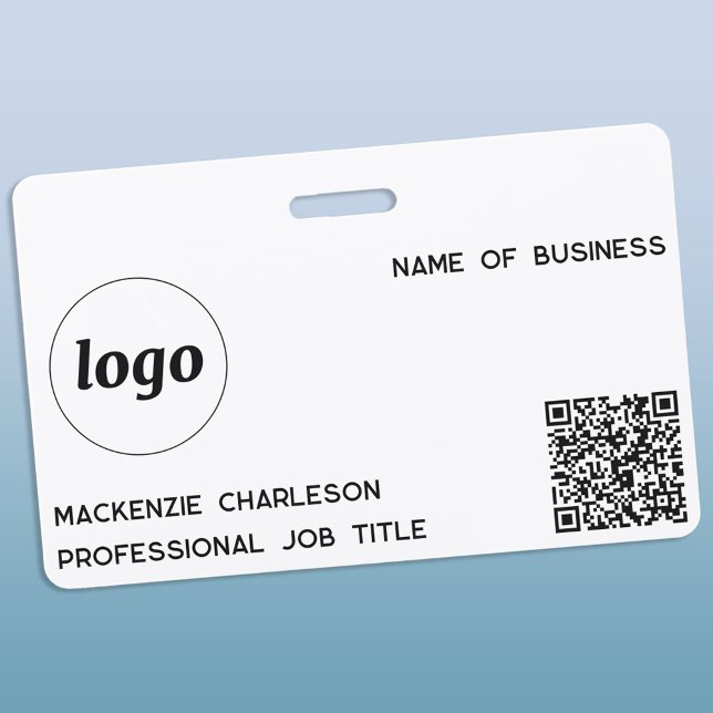 Crachá Logotipo Simples Código QR Nome Comercial Profissi (Simple logo QR code with custom text business promotional branding name tag)