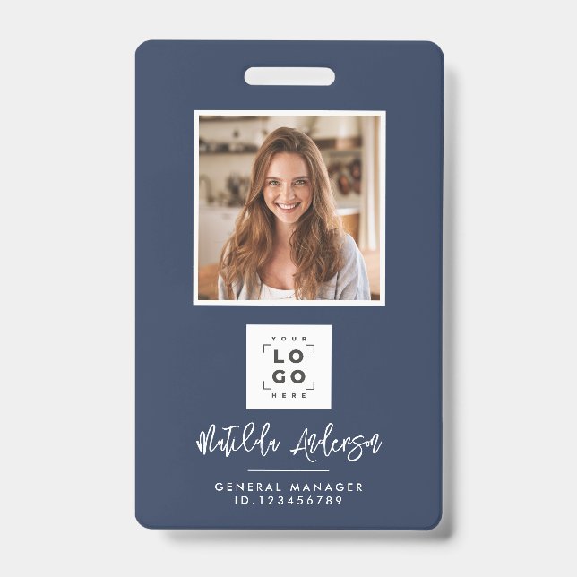 Crachá Marinho azul do código QR moderno abstrato de foto (Frente)