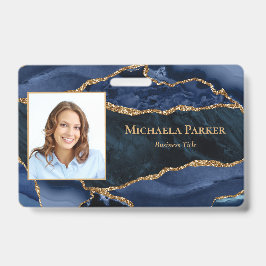 Crachá Marinho Azul, Dourado Agate Geode Business Foto