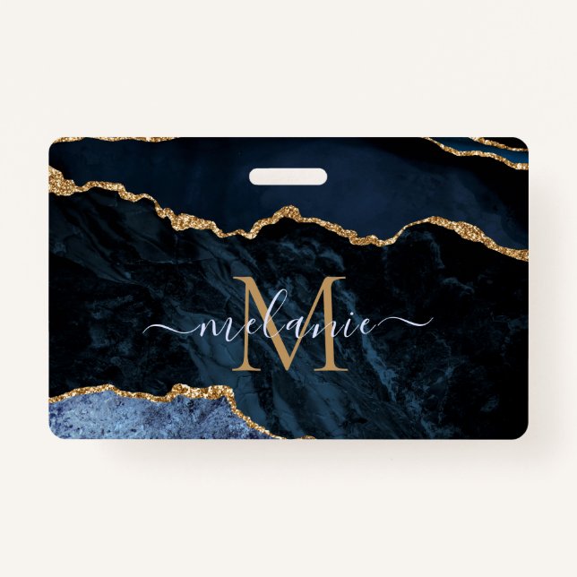 Crachá Marinho Azul Dourado Marble - Crachás de nome de l (Frente)