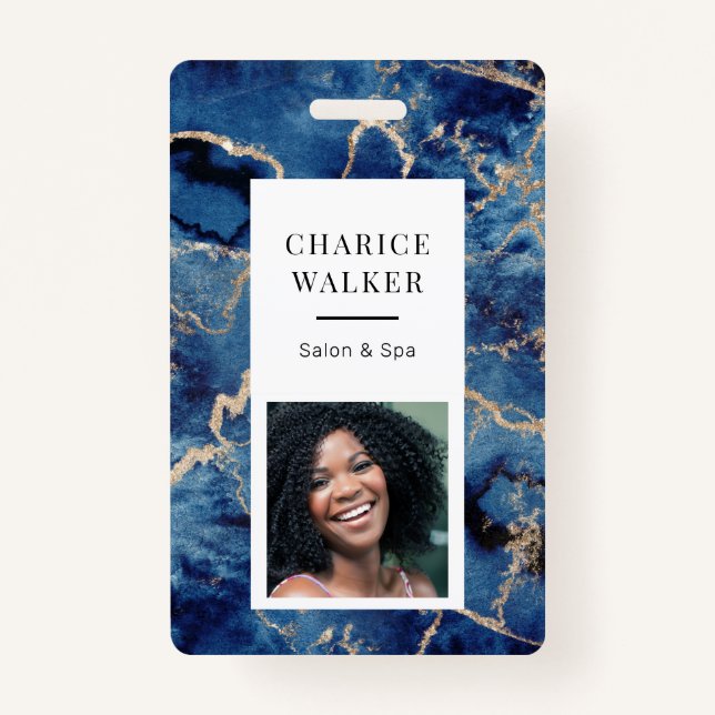 Crachá marinho azul ondas dourado costeiro nome de foto d (Frente)