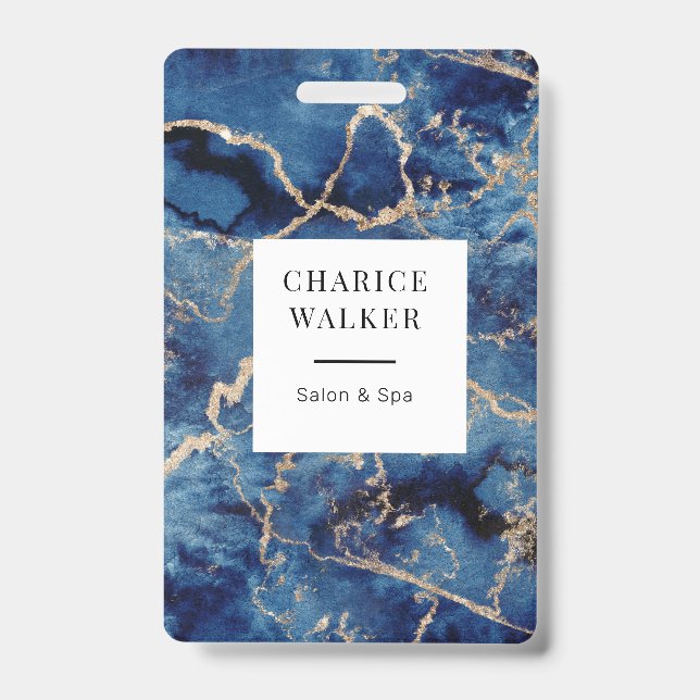 Crachá marinho azul ondas dourado oceano salão monograma  (Frente)