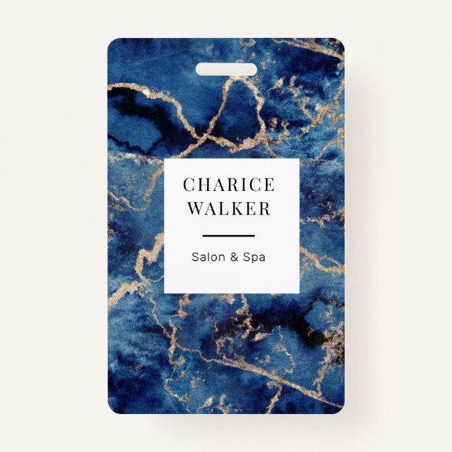Crachá marinho azul ondas dourado oceano salão monograma  (Frente)