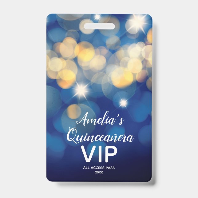 Crachá Marinho Dourado Bokeh Quinceañera Convide VIP Pass (Frente)