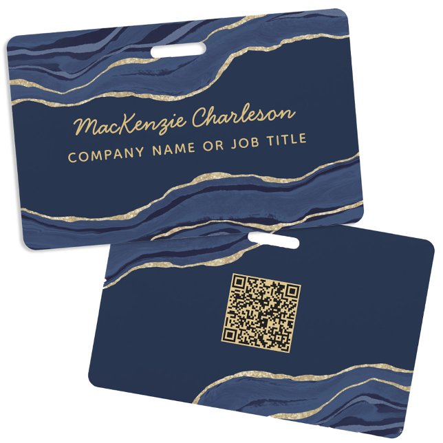 Crachá Mármore Azul Naval Ágata Geodo Código QR Nome Empr (Navy blue agate marble geode QR code business professional name id badge)