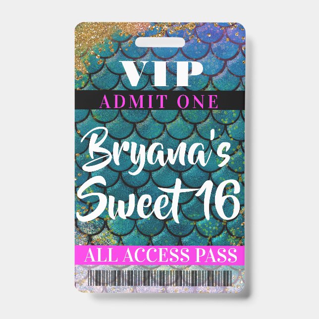 Crachá Mermaid Scales Glitter Party Sweet 16 VIP Pass (Frente)