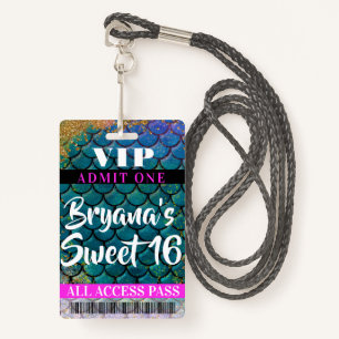 Crachá Mermaid Scales Glitter Party Sweet 16 VIP Pass