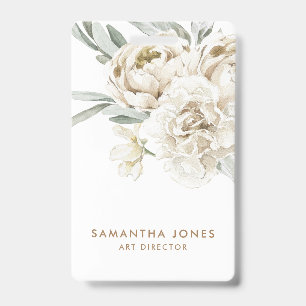 Crachá Minimalista Moderno Floral de Peônia Branco Aquare