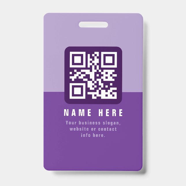 Crachá Modelo de código QR moderno editável | Roxos (Frente)